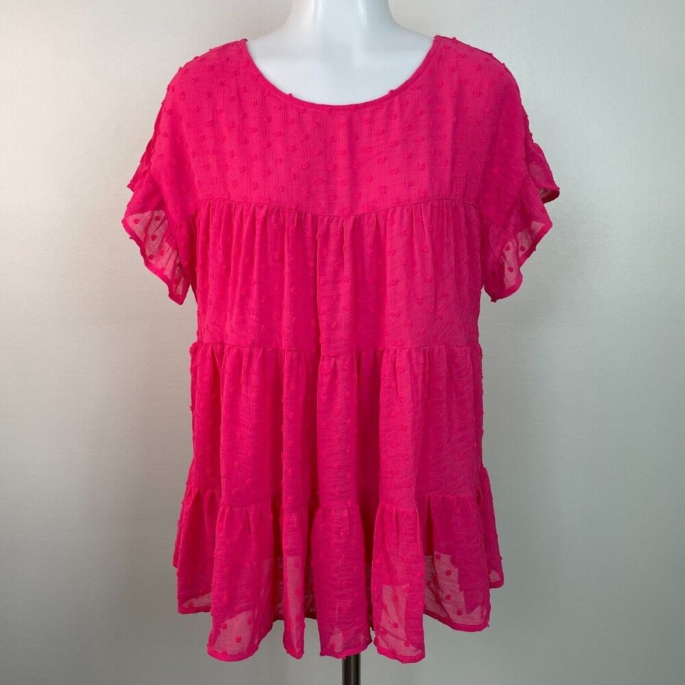 BluIvy Tiered Babydoll Blouse Small‎ Pink Clip Dot Short Sleeve Top Women's NWT